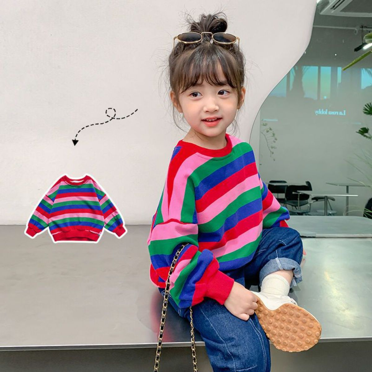 Children's baby girl spring and autumn new versatile striped colorful loose long-sleeved round neck sweater jacket