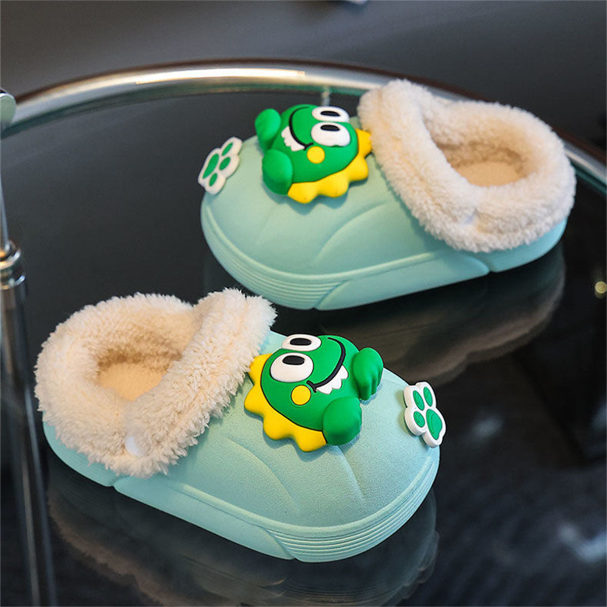 Winter waterproof plush 3D cartoon bear pattern cotton slippers for boys and girls