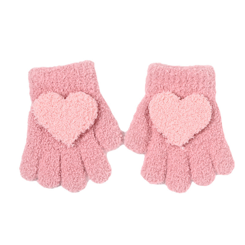 Children's Girls Love Knitted Autumn and Winter Five-Finger Warm Thickened Gloves