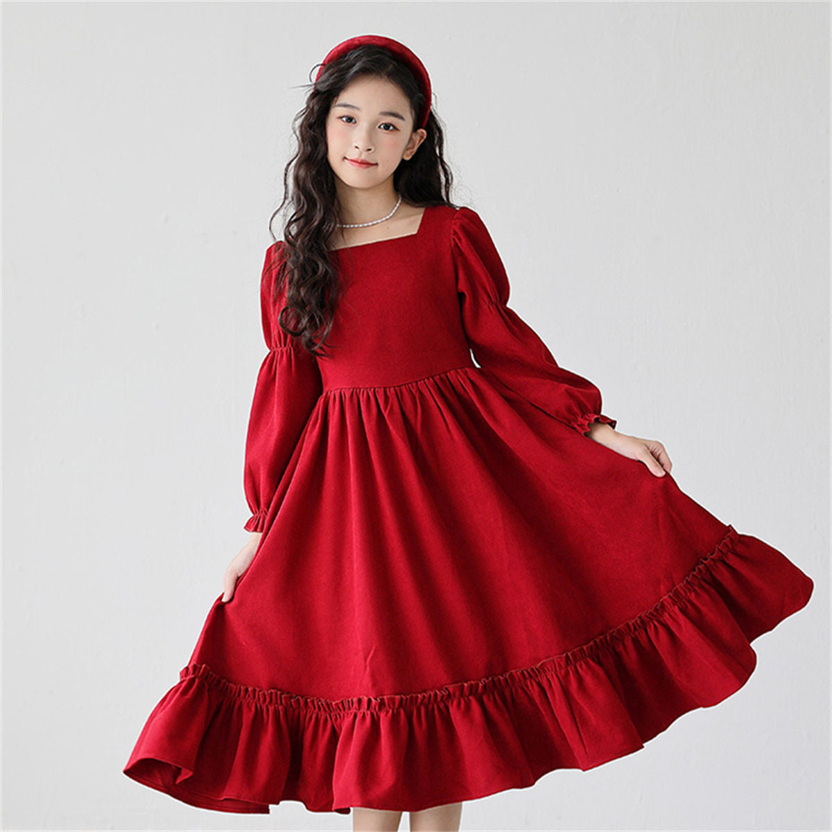 Autumn red elegant lady-style lace long-sleeved dress for middle and large girls