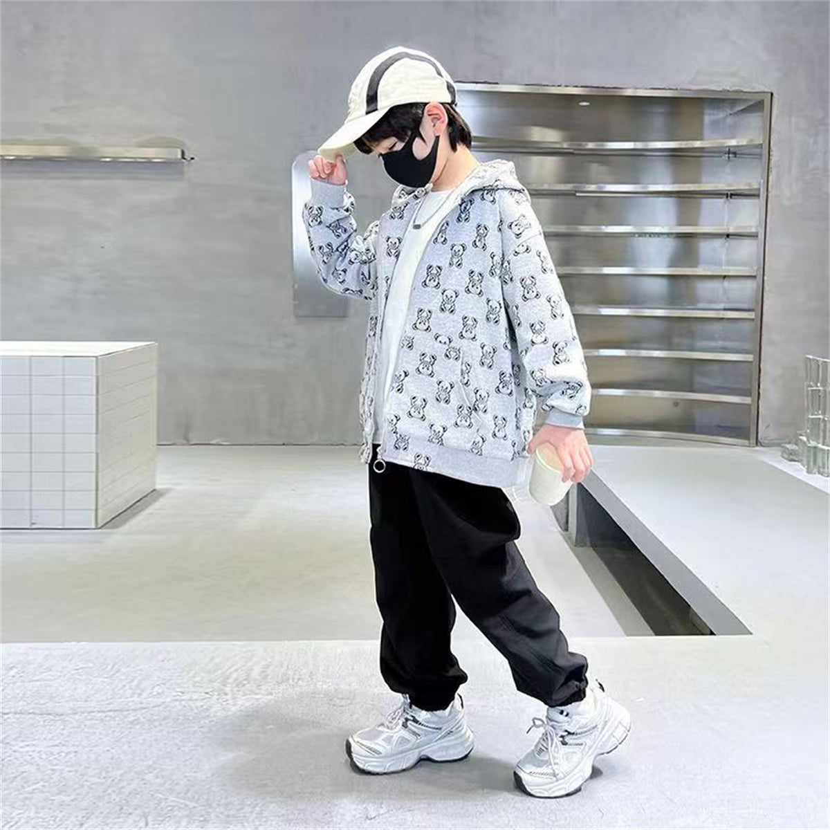 Boys' Hooded Jacket for Middle and Large Children Fashionable Full Printed Casual Outdoor Cardigan Tops