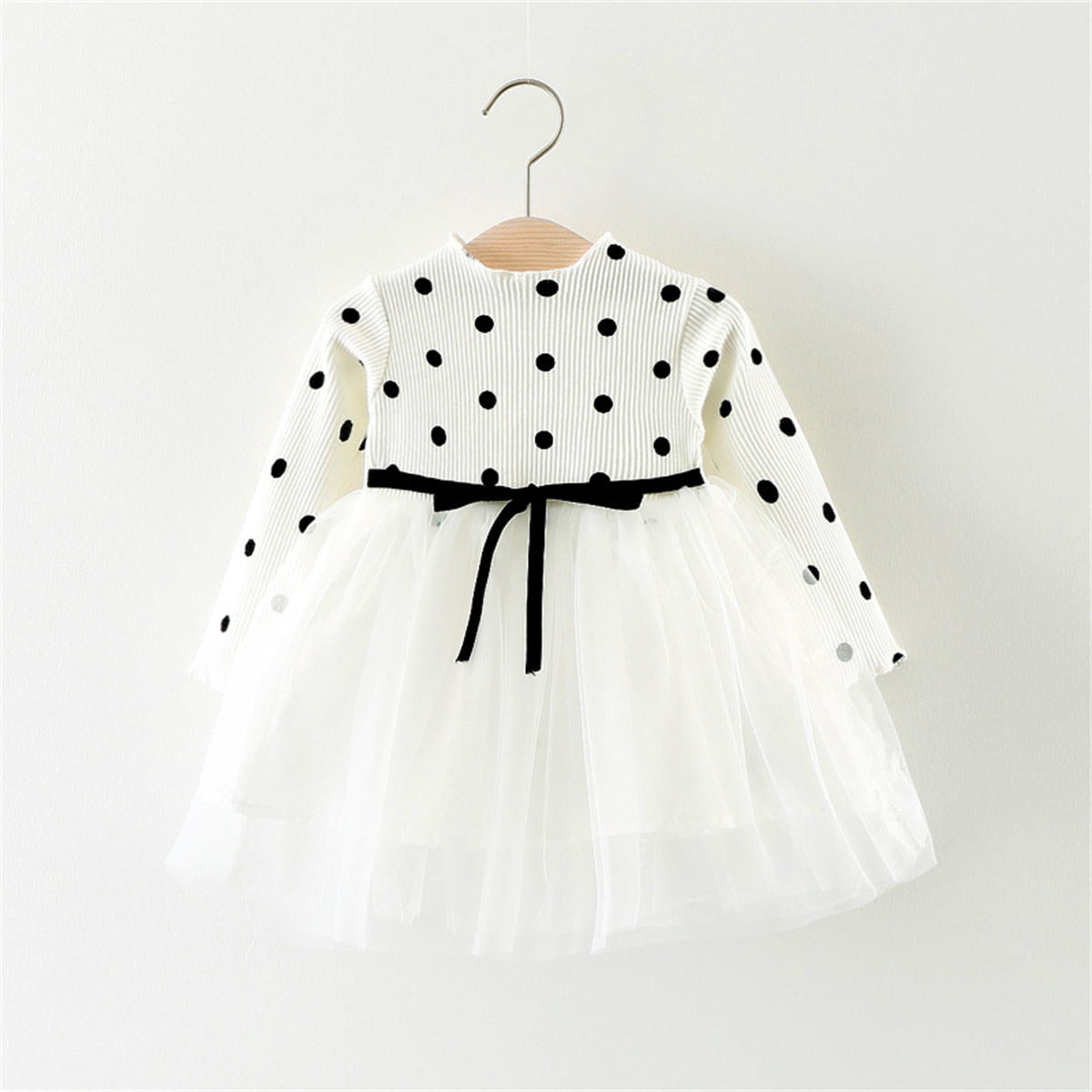 Girls Polka Dot Splicing Tulle Princess Dress Long Sleeve Dress