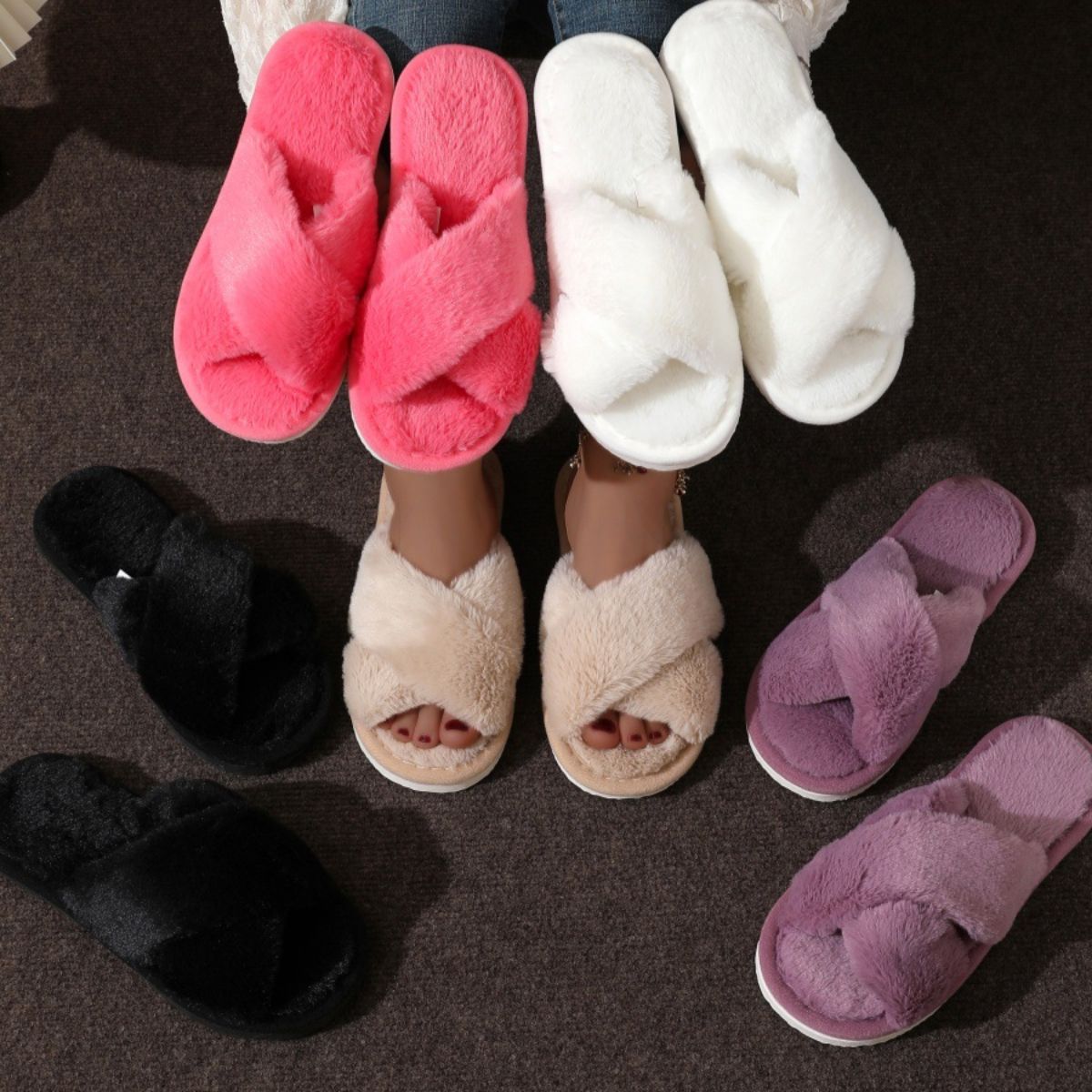 Women's furry cross strap cotton slippers