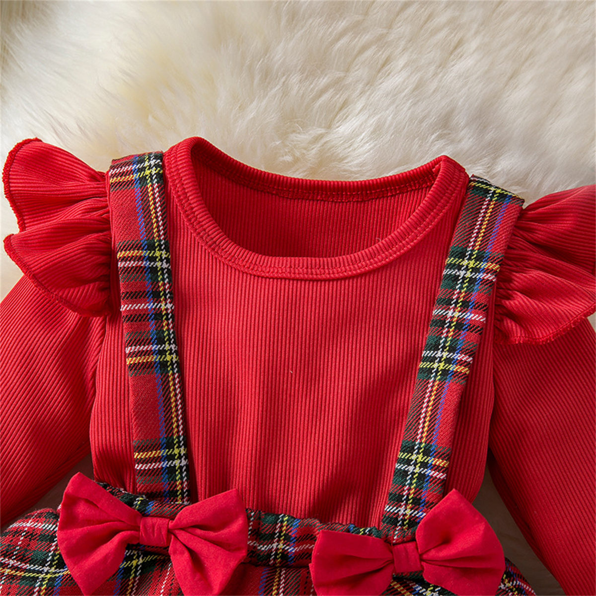 Dress with head bow, suspender skirt, Christmas design