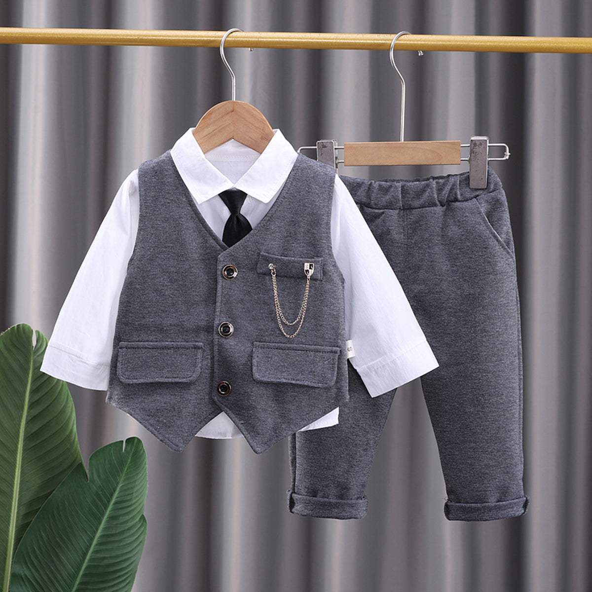 5-piece Toddler Boy Long Sleeve Shirt & Solid Color Button-up Vest & Matching Pants With Tie