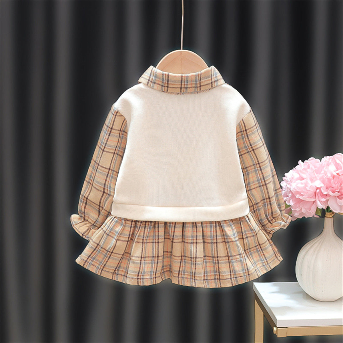 New spring and autumn baby girl long-sleeved vest fake two-piece college style dress bow tie detachable