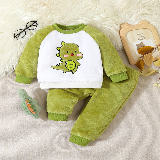 Baby boy spring and autumn suit cartoon dinosaur pattern top with solid color trousers casual home baby two-piece suit