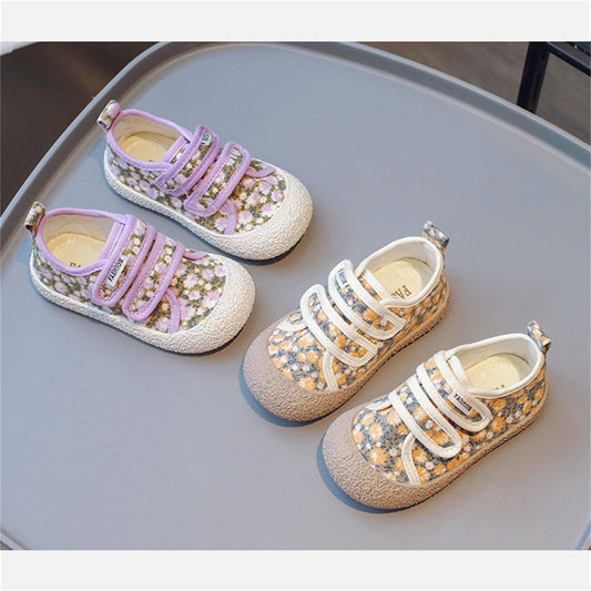 Children's and girls' cute casual style floral Velcro soft sole non-stuffy low-top canvas shoes