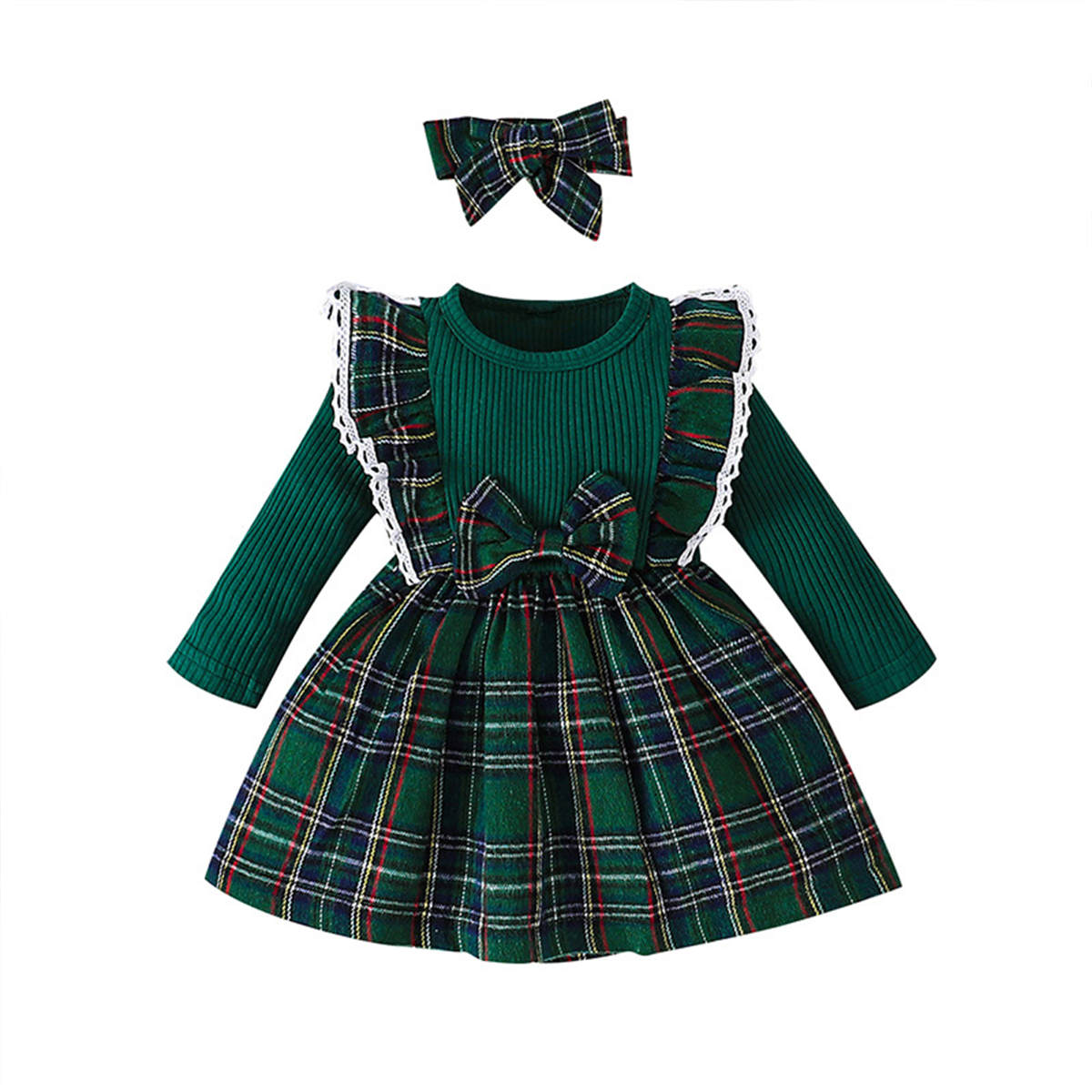 Baby Girl Christmas Long Sleeve Plaid Bowknot Dress