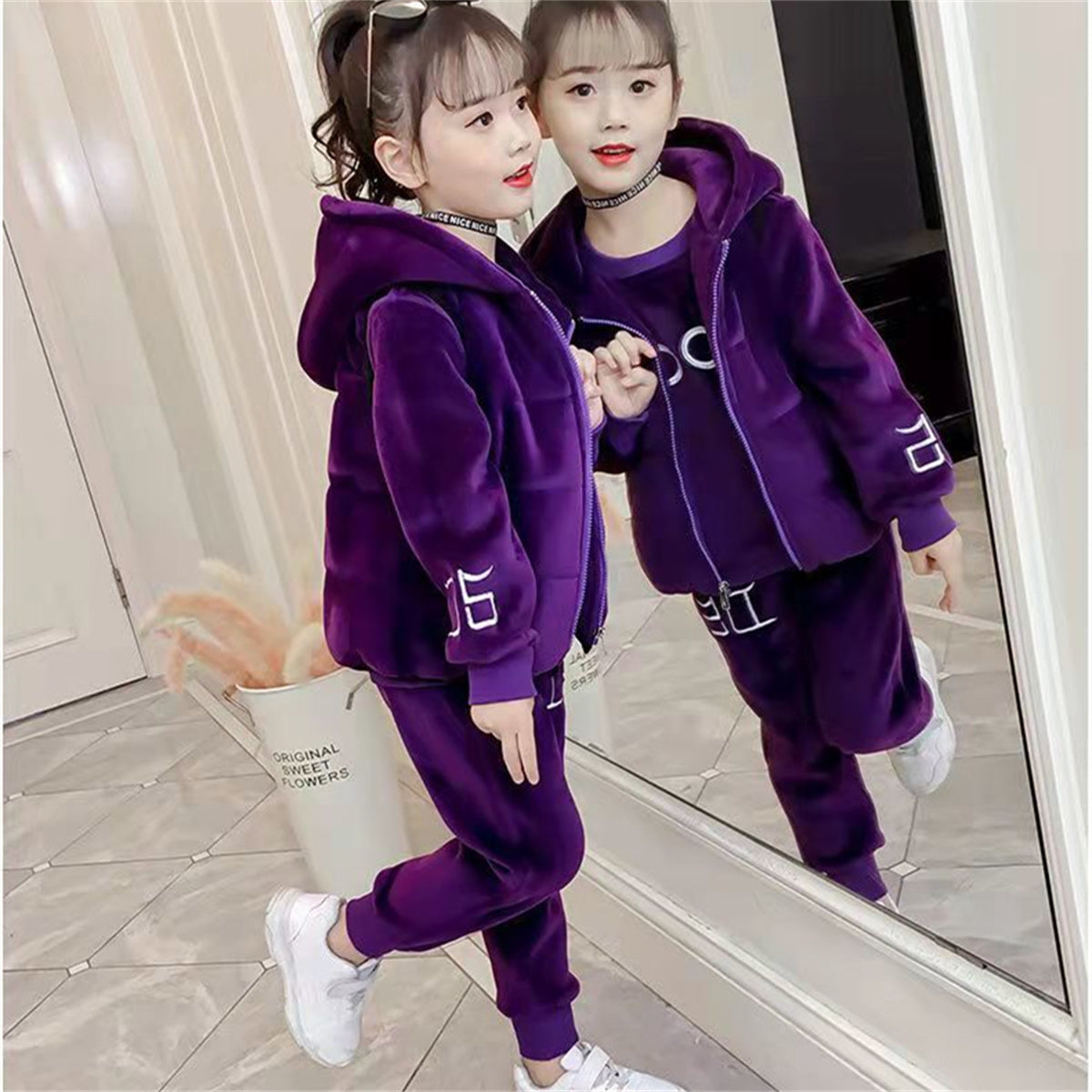 Medium and large girls casual sports style double-faced fleece casual sweatshirt three-piece set