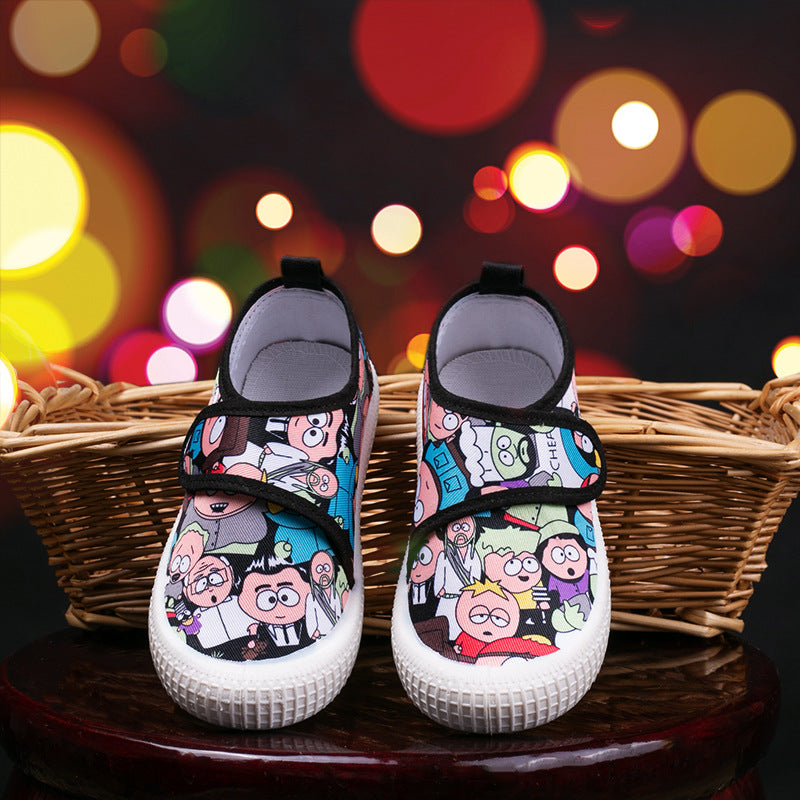 Children's and boys' autumn style cute printed patterns indoor breathable non-slip Velcro low-top canvas shoes