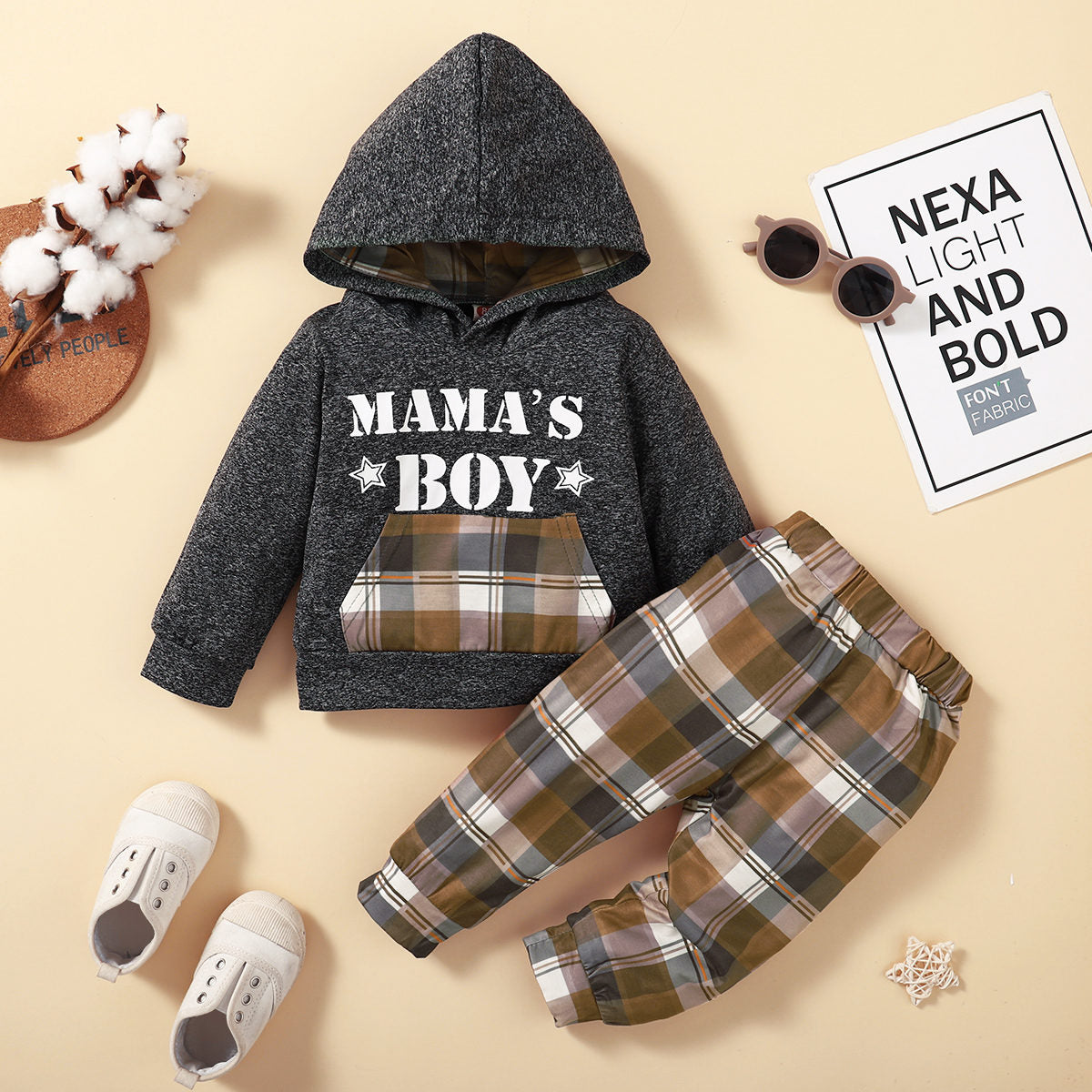 Toddler Boy Letter Pattern Color-block Hoodie & Plaid Print Pants