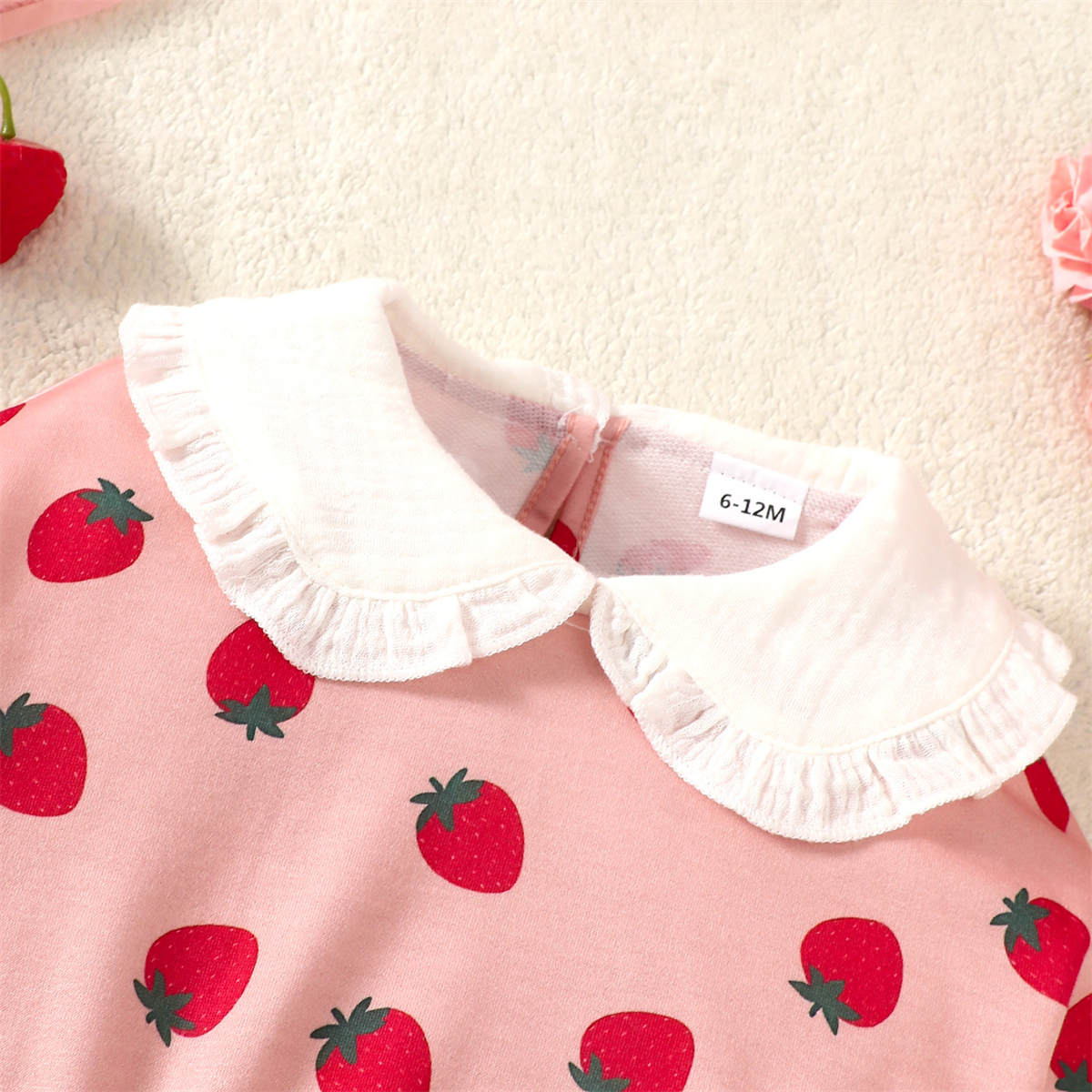 Girls Strawberry Print Long Sleeve Doll Collar Top Flared Pants Set