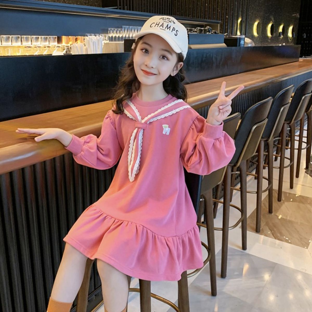 Girls autumn dress children's long-sleeved sweater dress spring and autumn middle and large children girls medium-length skirt