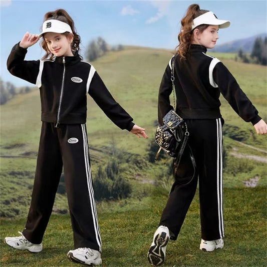 Autumn simple solid color sports style sweater suit for middle and large children and girls