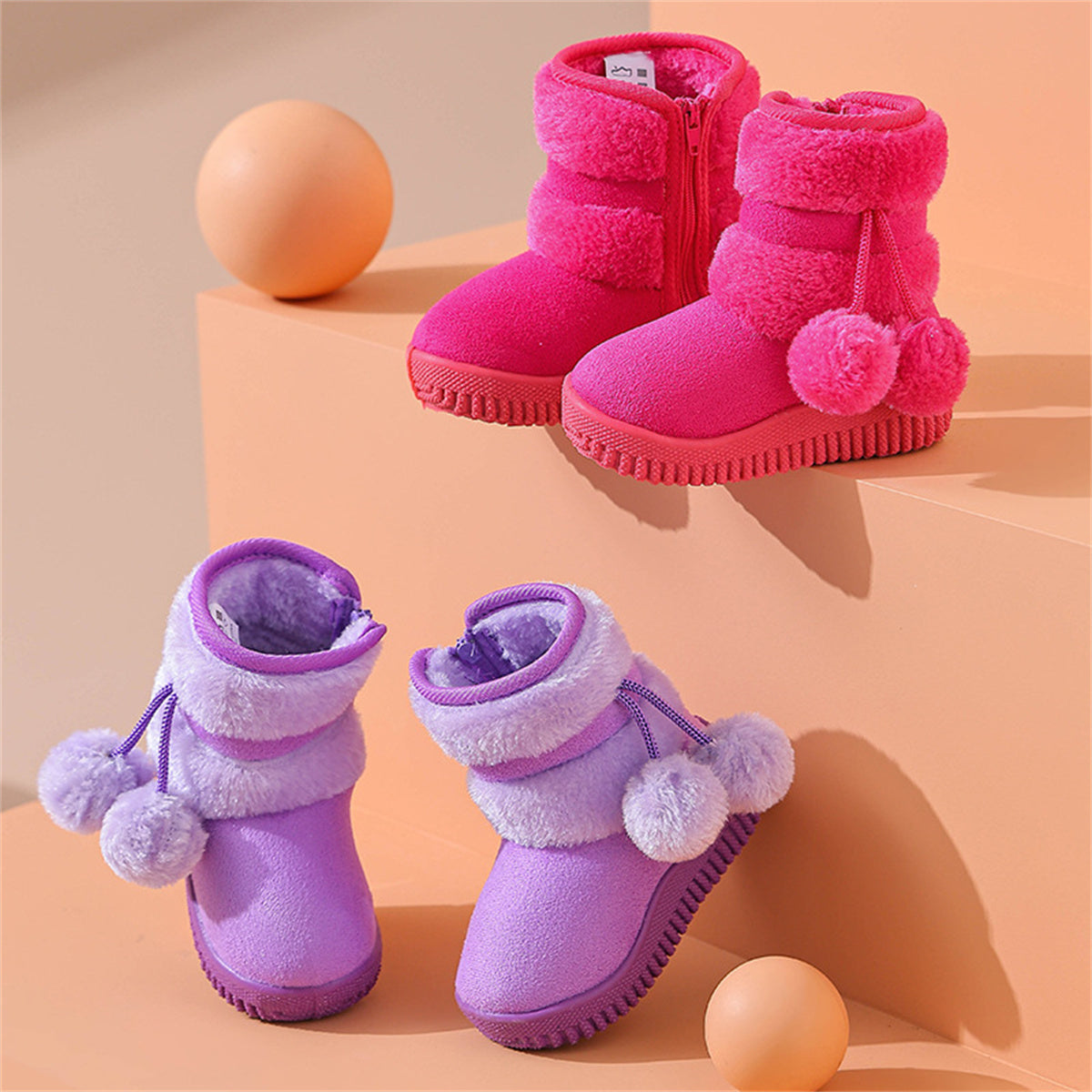 Children's girls cute bright color furry cute snow boots waterproof non-slip high top cotton shoes