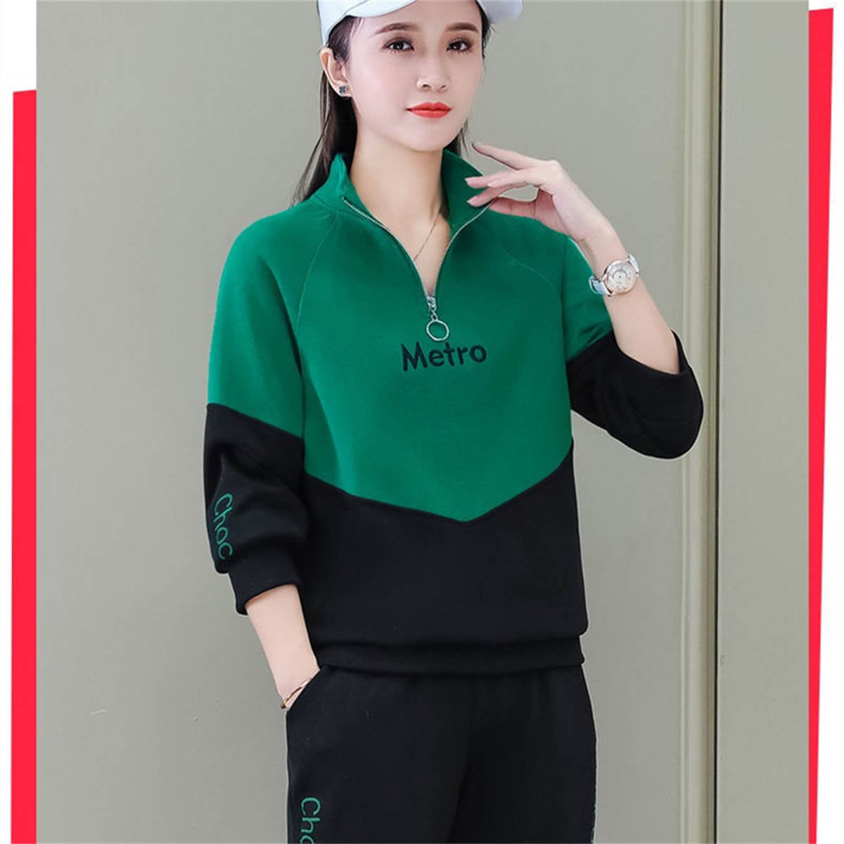 Women's sports large size stand collar sweatshirt suit