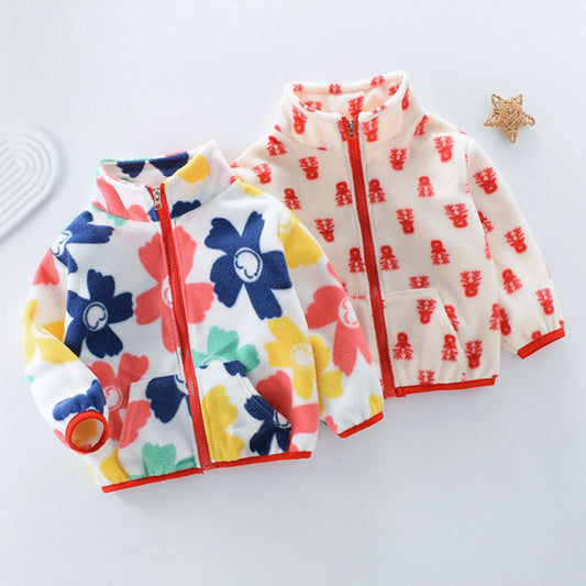 Children's spring and autumn jackets, girls' fleece warm tops, plush tops, baby's autumn and winter clothes for going out