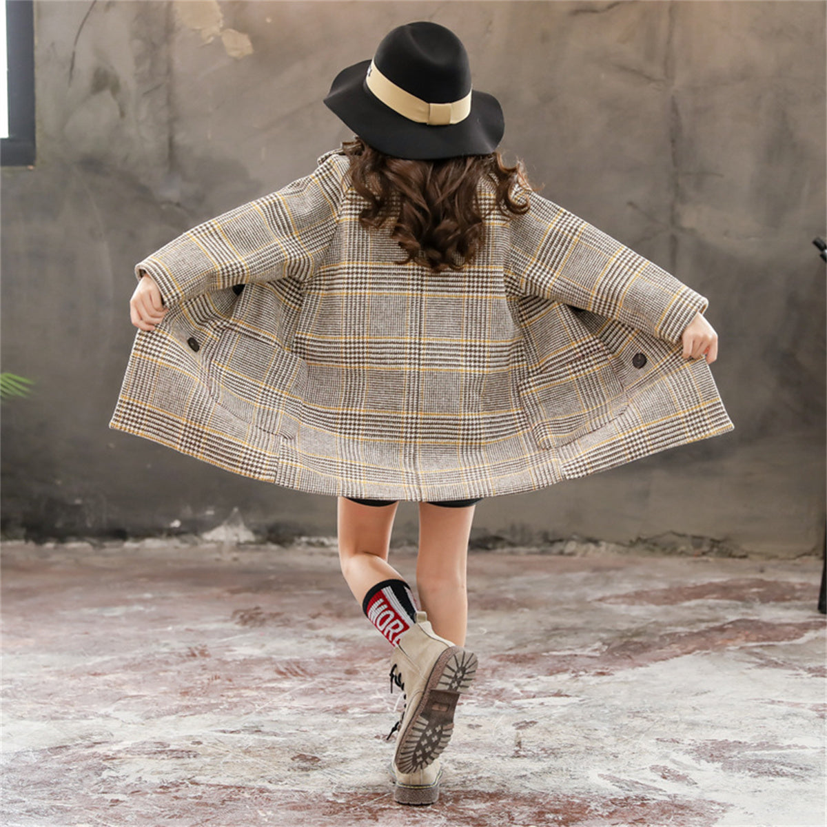 Girls' mid-length plaid woolen coat