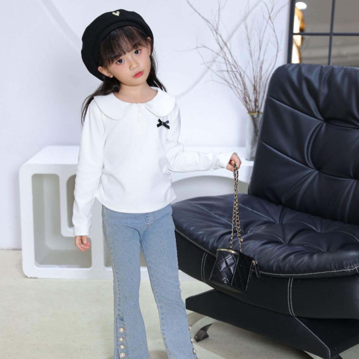 Children's autumn and winter doll collar bottoming shirt for girls fashionable and versatile long-sleeved T-shirt baby sweet top