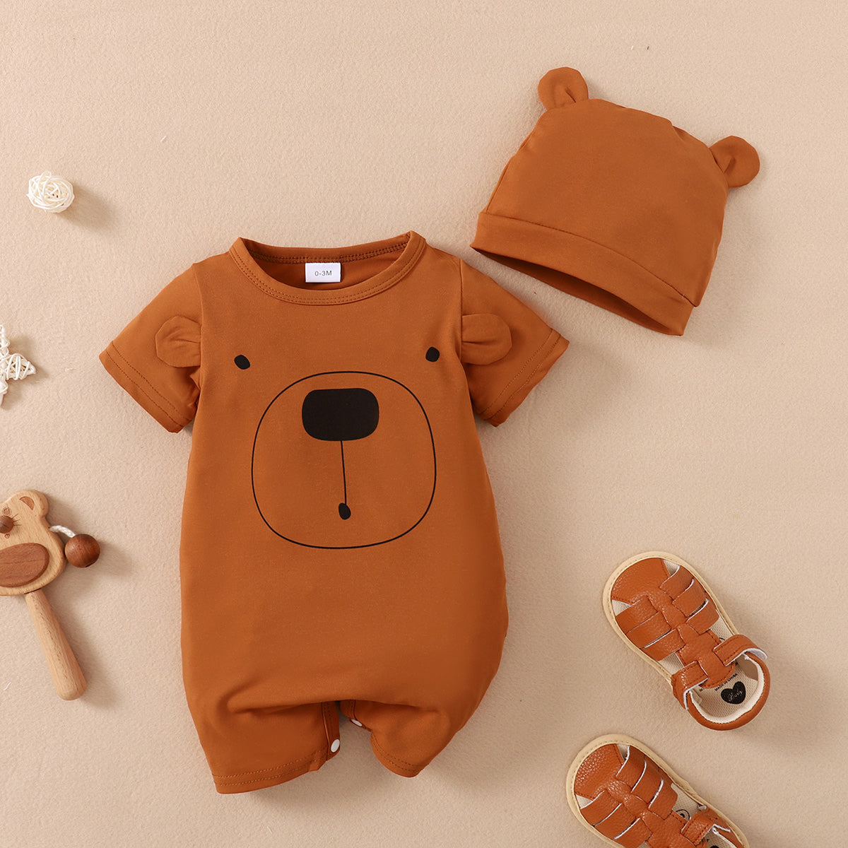 Baby Boy Bear Printed Short-sleeve Bodysuit With Hat