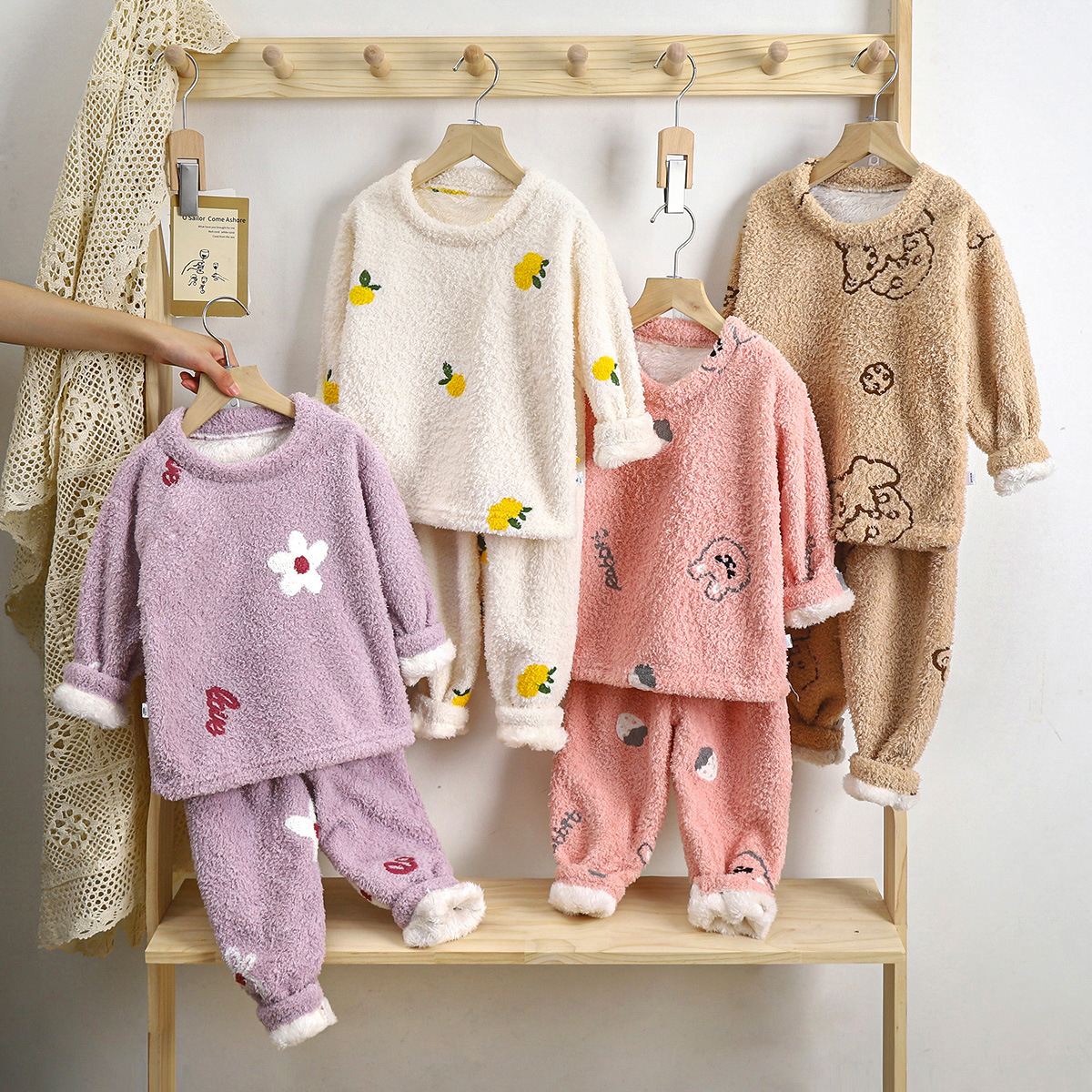 Fluffy warm home clothes two-piece set cartoon cute pajamas home set