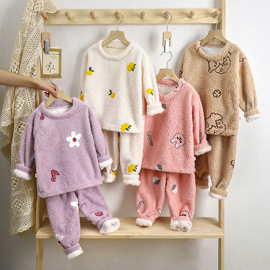 Fluffy warm home clothes two-piece set cartoon cute pajamas home set