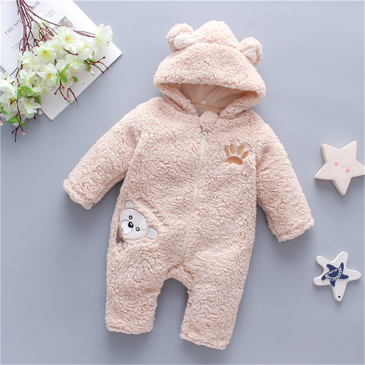 Baby Cute Furry Animal Printed 3D Bear Ear Long-sleeved long-leg romper