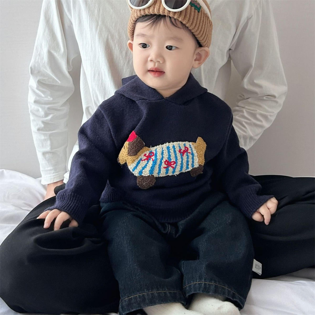 Boys Autumn Cartoon Embroidery Knit Pullover Hooded Sweater