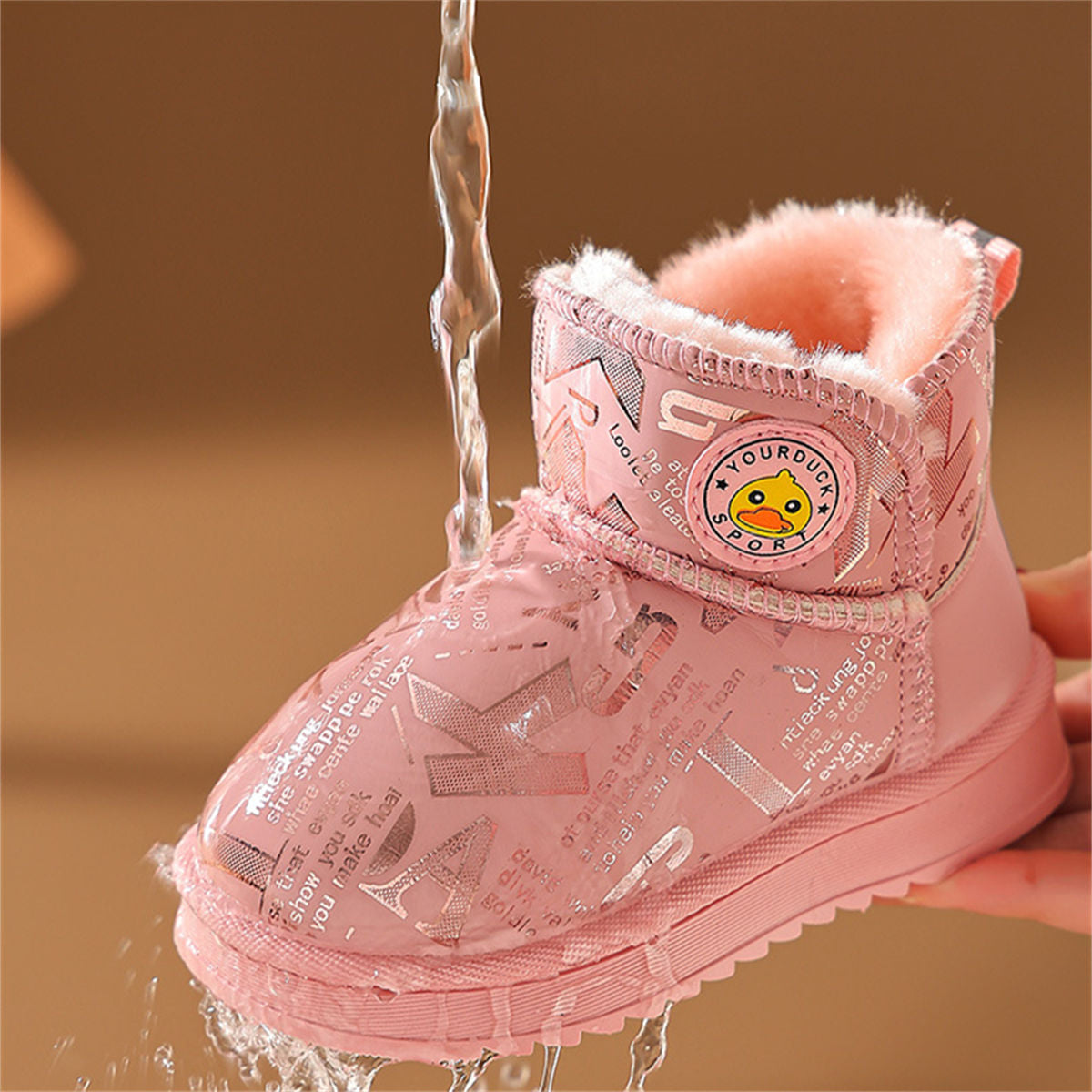 Winter yellow duck printed letter style casual waterproof warm snow boots for boys and girls