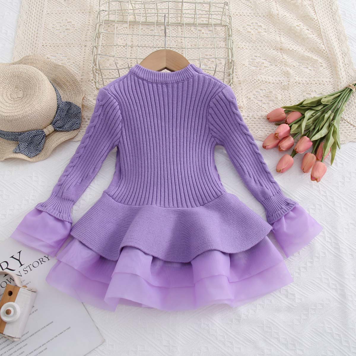 Multicolor Autumn Children's Clothing Knitted Long Sleeve Girls Princess Organza Sweater Dress