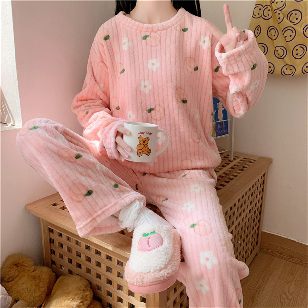 Bear bow print coral fleece suit home clothes