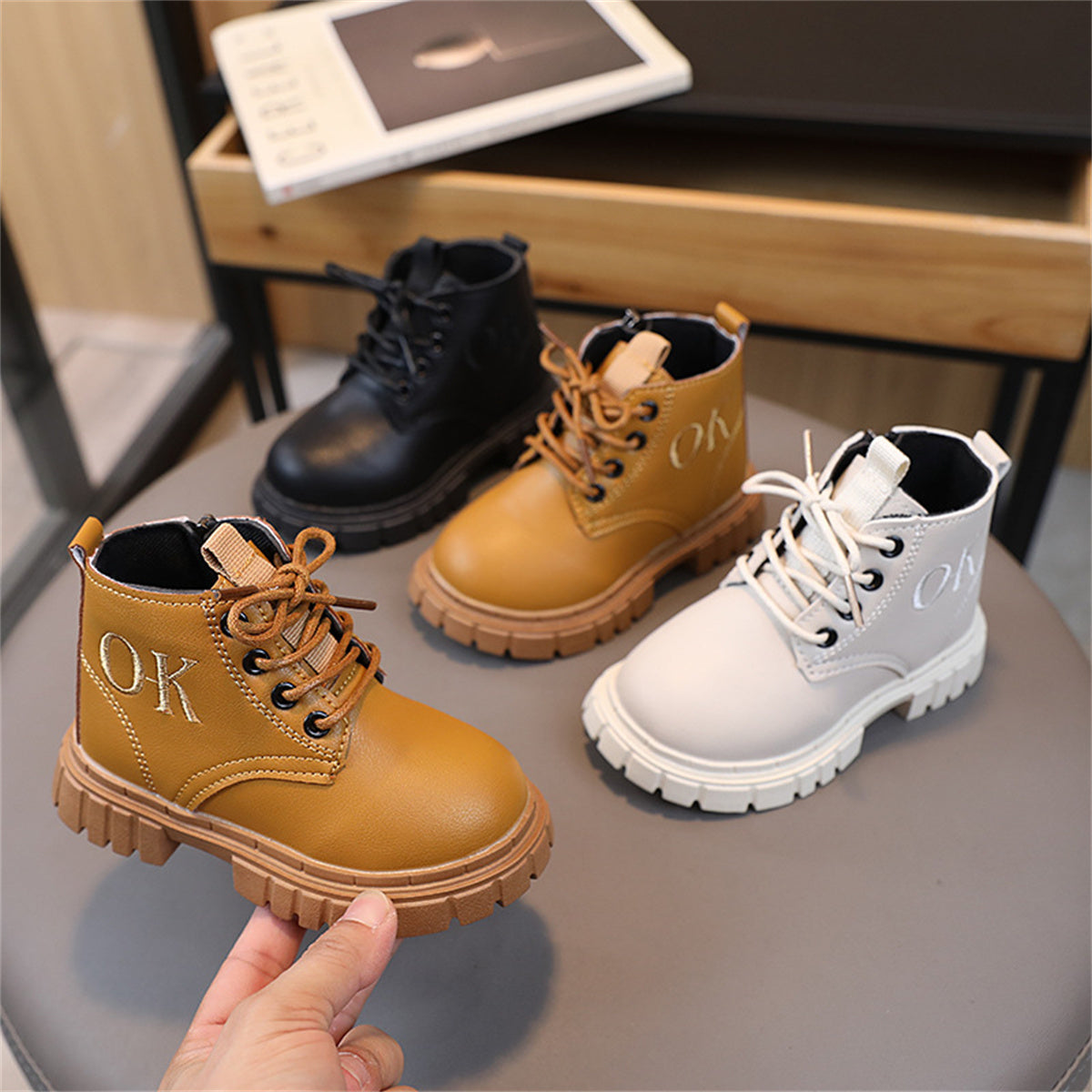 Children's autumn and winter solid color non-slip wear-resistant zipper letter lace-up Martin boots for boys and girls