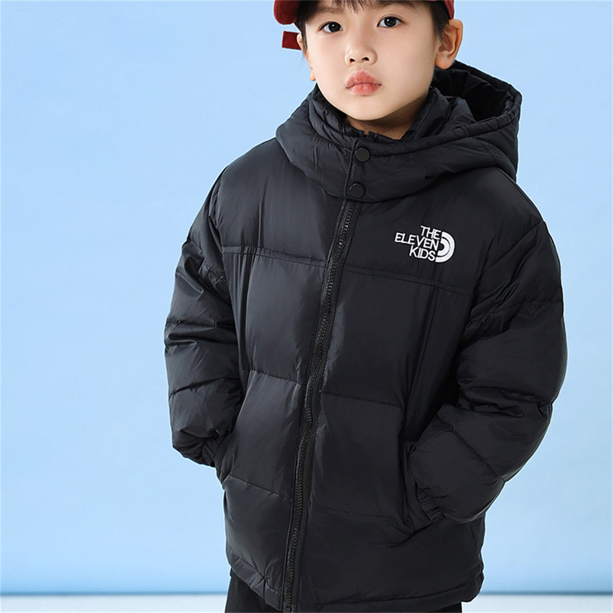 Winter color matching simple waterproof warm hooded short down jacket for middle and large boys and girls