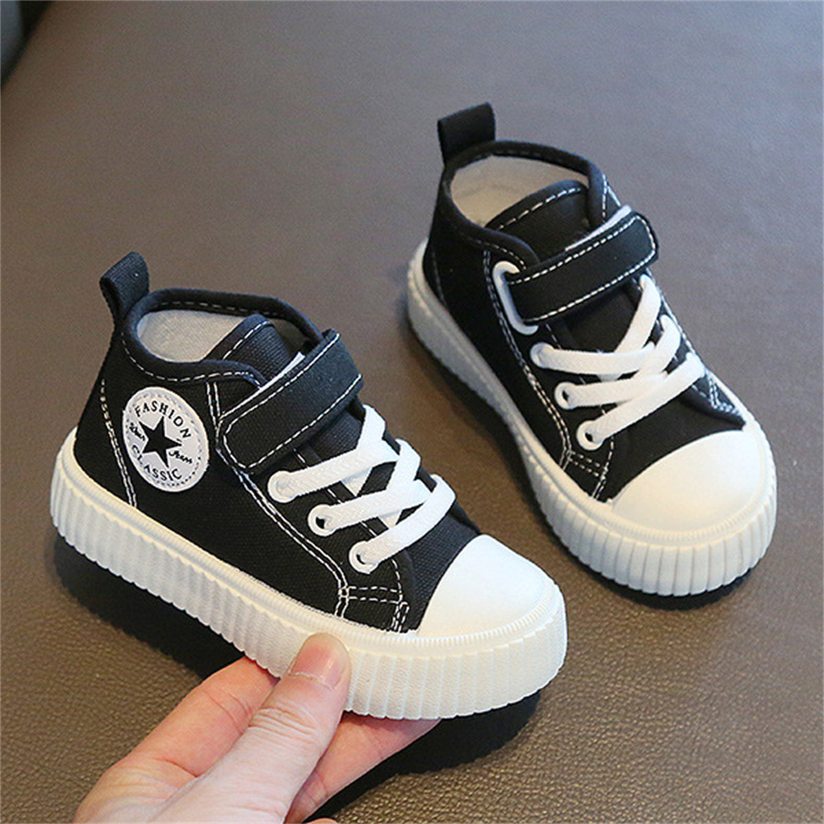 Children's and boys' spring and autumn pure color simple casual style Velcro high-top canvas shoes