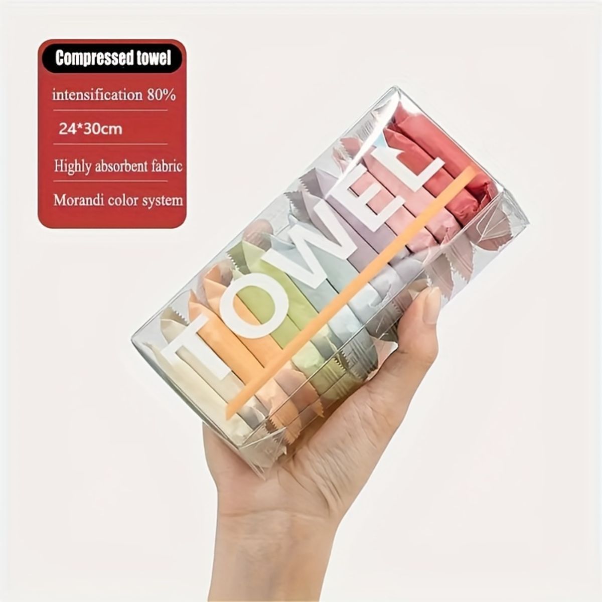 Disposable portable compressed towel individually packaged in box with colored face wash towel