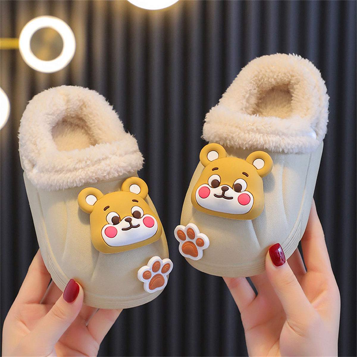 Winter waterproof plush 3D cartoon bear pattern cotton slippers for boys and girls