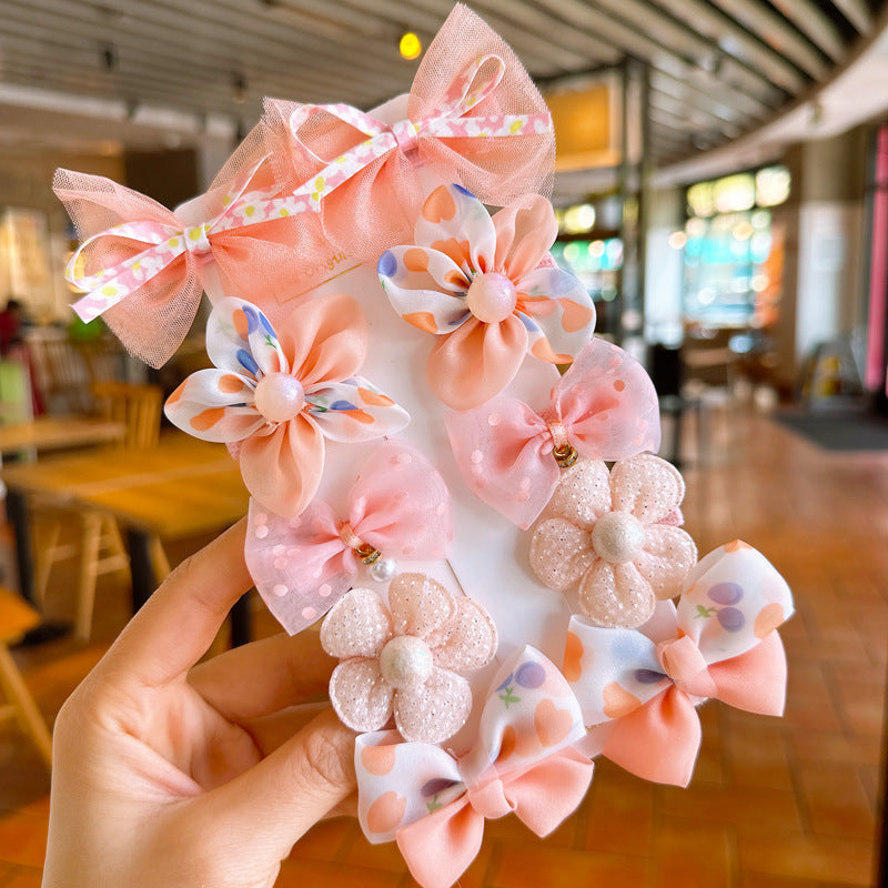 Children's 10-piece set of bow mesh flower wrapping cloth does not damage the hair duckbill hairpin