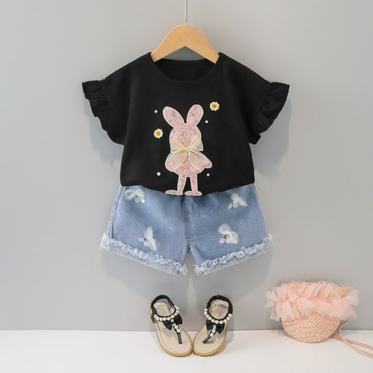 Summer short-sleeved children's clothing with cute cartoon bunny applique embroidery