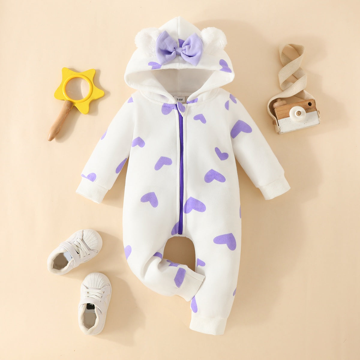 Baby Girl Allover Heart Printed Bowknot Decor Hooded Long-sleeved Long-leg Romper