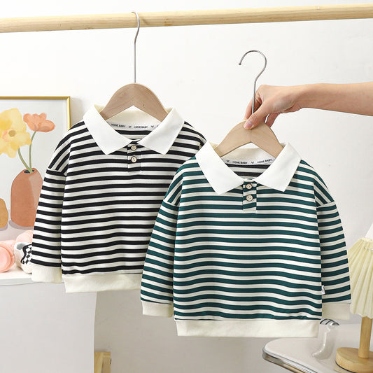 Children's long-sleeved striped POLO shirt autumn and winter boys and girls tops small and medium children's lapel bottoming shirt baby T-shirt