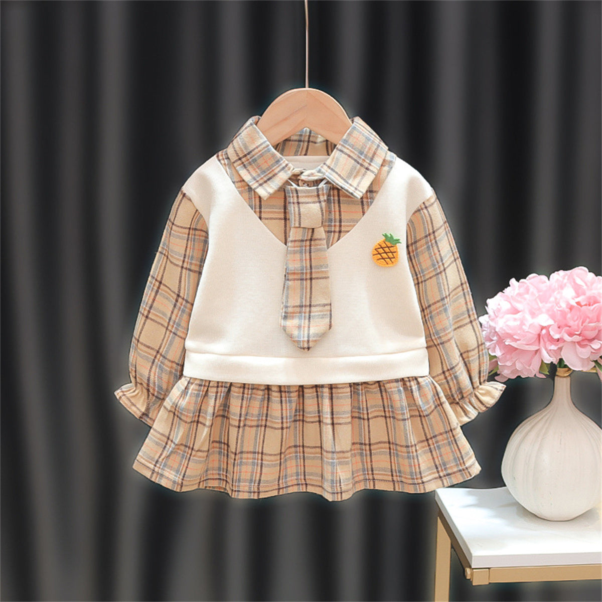 New spring and autumn baby girl long-sleeved vest fake two-piece college style dress bow tie detachable