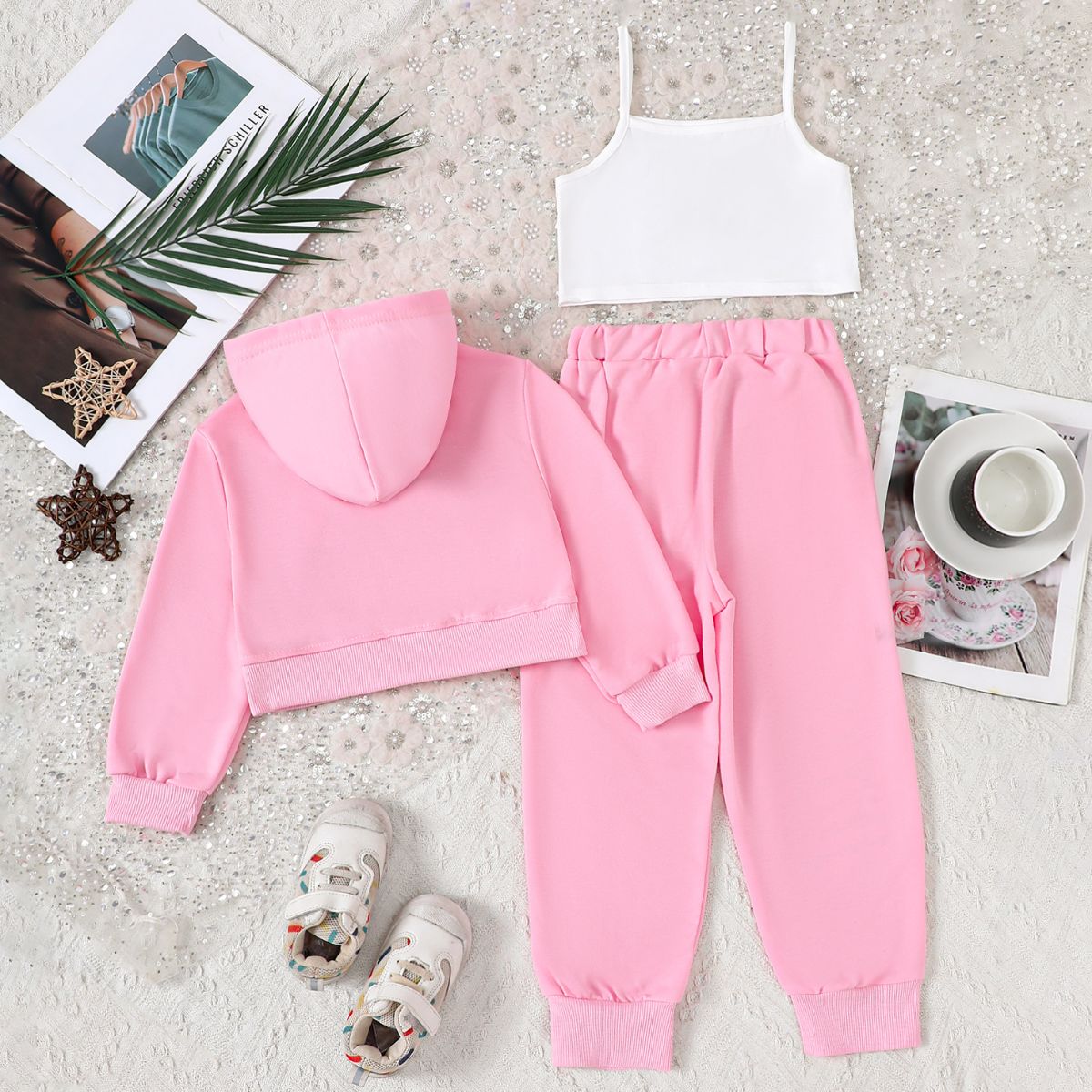 3pcs Set  Girl's Sporty Style Pink Hooded Sweater With vest And Trousers Sets