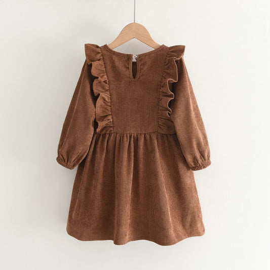 Girls dress baby autumn new round neck wood ear edge long sleeve dress solid color corduroy dress