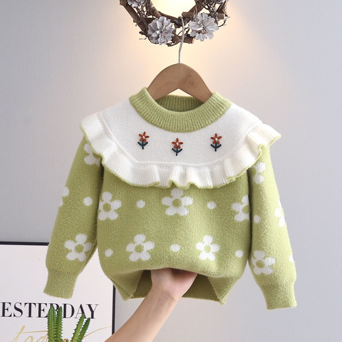 Girls sweater knitted sweater spring and autumn new style children's clothing coat small flower baby princess top