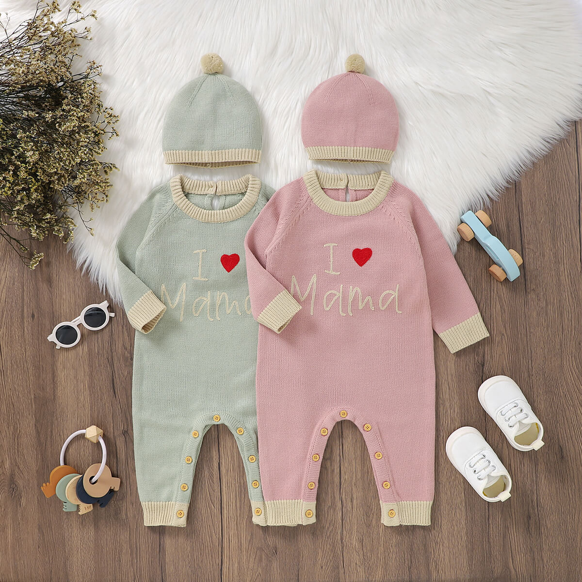 Infant and toddler knitted embroidery I love mom one-piece long-sleeved romper long-legged crawling clothes