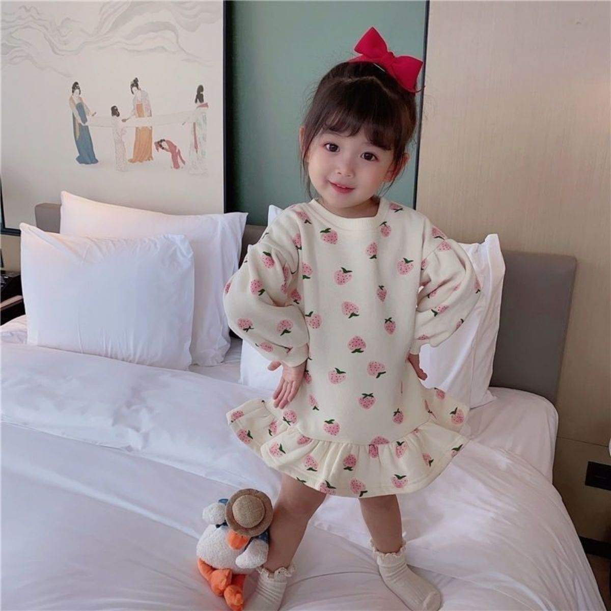 Girls Plush Sweater Dress Autumn and Winter New Children's Clothing Dress Children's Baby Girl Polka Dot Flower Bud Skirt