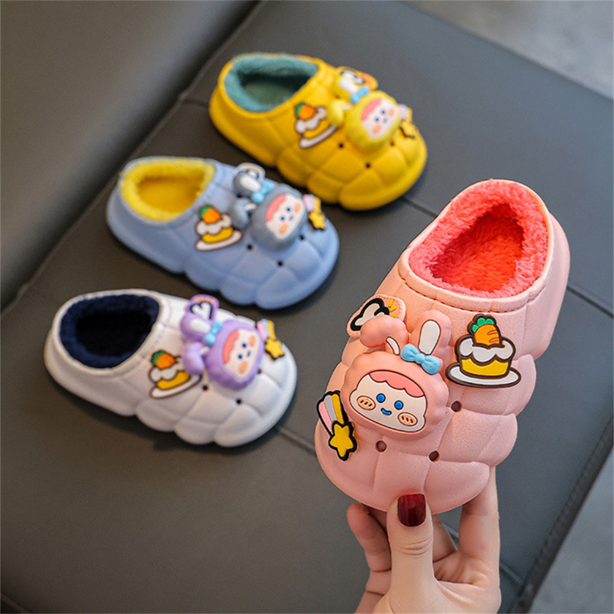 Children's girls' 3D cartoon rabbit waterproof thick bottom non-slip home cotton slippers