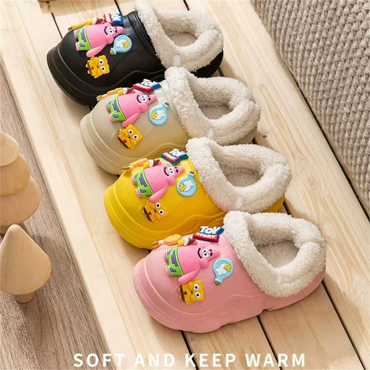 Children's autumn and winter boys and girls' SpongeBob SquarePants plush warm furry shoes non-slip soft bottom closed toe cotton slippers