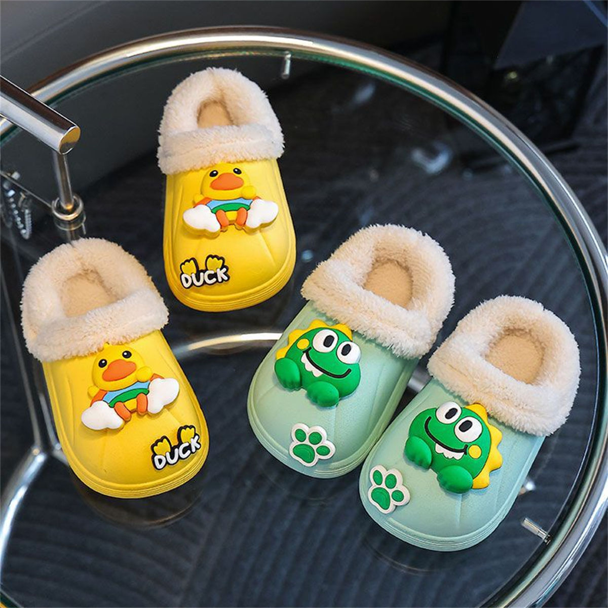 Winter waterproof plush 3D cartoon bear pattern cotton slippers for boys and girls